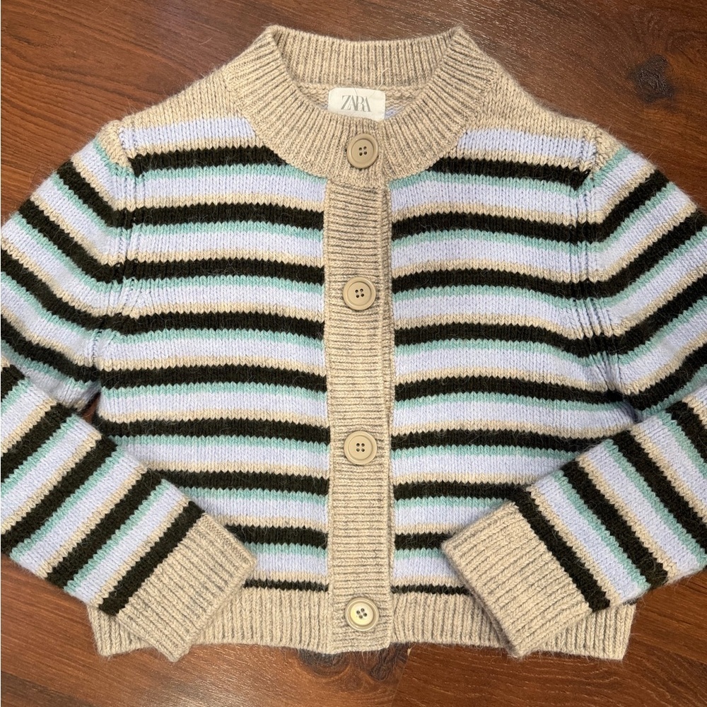 NWOT Zara Big Girls Striped Knit Cardigan Sweater in Gray, Blue & Green 11-12